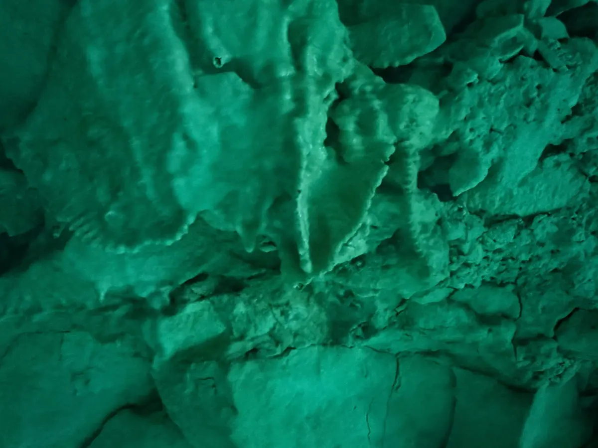 Close-up of ridged rock inside the Blue Cave, lit green by the light from the water